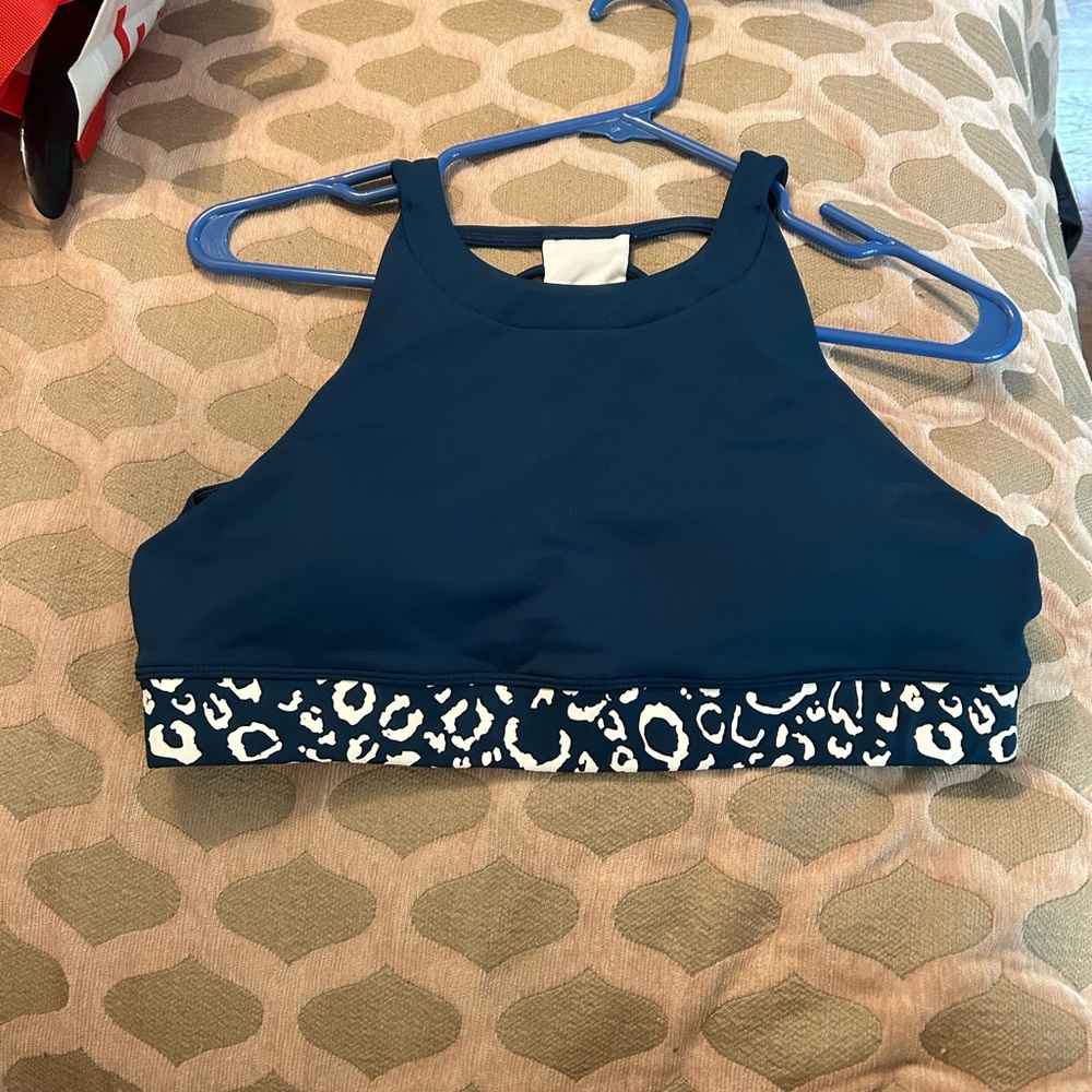 CXIX Navy Blue Sports Bra with Leopard Print Band POLE GRIP WEAR
